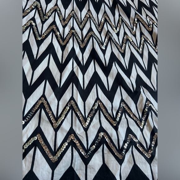 BcbgMaxAzria Black & Cream Chevron Tie Waist Cotton Sequin Midi A-line Skirt M - Picture 3 of 11